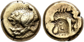 LESBOS. Mytilene. Circa 521-478 BC. Hekte (Electrum, 11 mm, 2.53 g). Forepart of a winged lion to left. Rev. Incuse head of a rooster to left with rec...