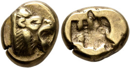 LESBOS. Mytilene. Circa 521-478 BC. Hekte (Electrum, 11 mm, 2.47 g, 9 h). Head of a roaring lion to right. Rev. Incuse head of a calf to right with re...