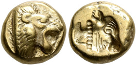 LESBOS. Mytilene. Circa 521-478 BC. Hekte (Electrum, 11 mm, 2.47 g, 1 h). Head of a roaring lion to right. Rev. Incuse head of a calf to right with re...