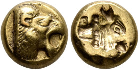 LESBOS. Mytilene. Circa 521-478 BC. Hekte (Electrum, 10 mm, 2.51 g, 9 h). Head of a roaring lion to right. Rev. Incuse head of a calf to right with re...