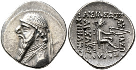 KINGS OF PARTHIA. Mithradates II, 121-91 BC. Drachm (Silver, 21 mm, 4.16 g, 12 h), Rhagai, circa 109-96/5. Diademed and draped bust of Mithradates II ...