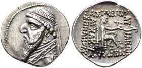 KINGS OF PARTHIA. Mithradates II, 121-91 BC. Drachm (Silver, 21 mm, 4.26 g, 12 h), Rhagai, circa 109-96/5. Diademed and draped bust of Mithradates II ...