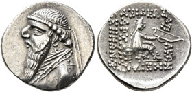 KINGS OF PARTHIA. Mithradates II, 121-91 BC. Drachm (Silver, 21 mm, 4.12 g, 12 h), Rhagai, circa 109-96/5. Diademed and draped bust of Mithradates II ...