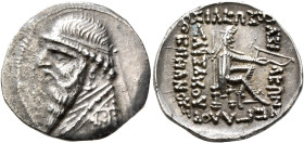 KINGS OF PARTHIA. Mithradates II, 121-91 BC. Drachm (Silver, 20 mm, 4.11 g, 12 h), Rhagai, circa 109-96/5. Diademed and draped bust of Mithradates II ...