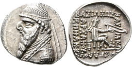 KINGS OF PARTHIA. Mithradates II, 121-91 BC. Drachm (Silver, 20 mm, 4.26 g, 12 h), Rhagai, circa 109-96/5. Diademed and draped bust of Mithradates II ...
