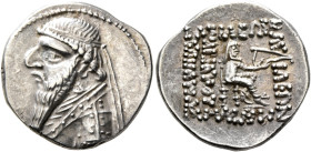 KINGS OF PARTHIA. Mithradates II, 121-91 BC. Drachm (Silver, 20 mm, 4.21 g, 12 h), Rhagai, circa 109-96/5. Diademed and draped bust of Mithradates II ...