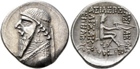 KINGS OF PARTHIA. Mithradates II, 121-91 BC. Drachm (Silver, 20 mm, 4.13 g, 12 h), Rhagai, circa 109-96/5. Diademed and draped bust of Mithradates II ...