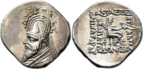 KINGS OF PARTHIA. Sinatrukes, 93/2-70/69 BC. Drachm (Silver, 20 mm, 4.16 g, 12 h), Rhagai. Diademed and draped bust of Sinatrukes to left, wearing tia...