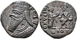 KINGS OF PARTHIA. Vologases IV, circa 147-191. Tetradrachm (Billon, 25 mm, 8.60 g, 1 h), Seleukeia on the Tigris, Dios SE 465 = October 153. Draped bu...