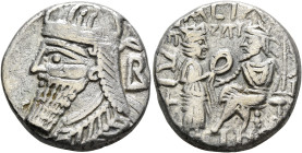 KINGS OF PARTHIA. Vologases IV, circa AD 147-191. Tetradrachm (Billon, 24 mm, 9.91 g, 1 h), Seleukeia on the Tigris, SE 487, month of Dios = October, ...