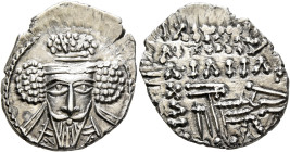 KINGS OF PARTHIA. Vologases V, circa 191-208. Drachm (Silver, 22 mm, 3.53 g, 1 h), Ekbatana. Diademed and draped facing bust of Vologases V, wearing l...