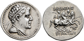 BAKTRIA, Greco-Baktrian Kingdom. Eukratides I, circa 170-145 BC. Drachm (Silver, 18 mm, 4.35 g, 12 h), Baktra, circa 170-162. Diademed and draped bust...