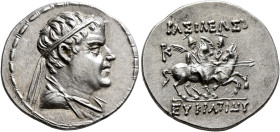 BAKTRIA, Greco-Baktrian Kingdom. Eukratides I, circa 170-145 BC. Drachm (Silver, 20 mm, 4.23 g, 12 h), Baktra, circa 170-162. Diademed and draped bust...