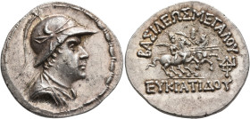 BAKTRIA, Greco-Baktrian Kingdom. Eukratides I, circa 170-145 BC. Tetradrachm (Silver, 33 mm, 17.00 g, 12 h), Baktra or an uncertain mint in the Paropa...