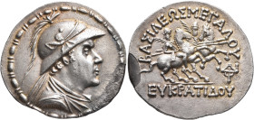 BAKTRIA, Greco-Baktrian Kingdom. Eukratides I, circa 170-145 BC. Tetradrachm (Silver, 34 mm, 16.70 g, 12 h), Baktra or an uncertain mint in the Paropa...