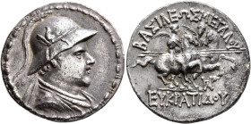 BAKTRIA, Greco-Baktrian Kingdom. Eukratides I, circa 170-145 BC. Tetradrachm (Silver, 32 mm, 16.93 g, 12 h), Baktra or an uncertain mint in the Paropa...