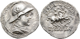 BAKTRIA, Greco-Baktrian Kingdom. Eukratides I, circa 170-145 BC. Tetradrachm (Silver, 35 mm, 15.43 g, 12 h), Baktra or an uncertain mint in the Paropa...