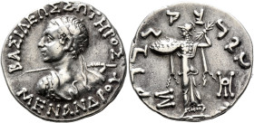 BAKTRIA, Indo-Greek Kingdom. Menander I, circa 165/55-130 BC. Tetradrachm (Silver, 25 mm, 9.67 g, 1 h), Indian standard, uncertain mint in Paropamisad...