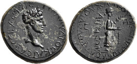 AEOLIS. Aegae. Claudius, 41-54. Assarion (Bronze, 21 mm, 6.51 g, 12 h), Apollodoros Chaleos, magistrate, circa 43-48. TI KΛAYΔIOC KAICAP CЄBACTOC Laur...