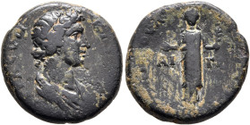 AEOLIS. Aegae. Pseudo-autonomous issue. Hemiassarion (Bronze, 18 mm, 3.89 g, 12 h), Oul. Polemon, agonothetes. ΙЄΡΑ ϹΥΝΚΛΗΤΟϹ Drpaed bust of the Senat...