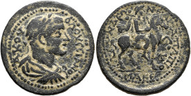 LYDIA. Blaundus. Volusian, 251-253. Tetrassarion (Bronze, 32 mm, 17.95 g, 6 h), Aur. Papios Ermo..., first archon. Α Κ ΟΥΟΛΟΥϹϹΙΑΝΟϹ Laureate, draped ...