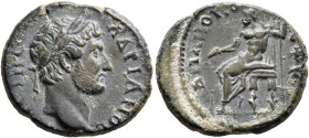 LYDIA. Stratonicaea-Hadrianopolis. Hadrian, 117-138. Assarion (Bronze, 20 mm, 4.99 g, 6 h), Kandidos, strategos, circa 128-130. ΑΔΡΙΑΝΟϹ [ΚΤ]ΙϹΤΗϹ Lau...