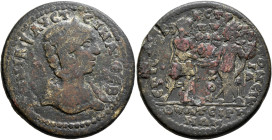 LYDIA. Thyateira. Annia Faustina, Augusta, 221. Hexassarion (Orichalcum, 35 mm, 23.98 g, 7 h), T. Claudius Stratoneicianus, strategos. ΑΝΝΙΑ ΦΑΥϹΤЄΙΝΑ...