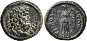 LYDIA. Tripolis. Pseudo-autonomous issue. Assarion (Bronze, 20 mm, 4.31 g, 12 h), 3rd century. Draped bust of Asklepios to right, serpent-entwined sta...