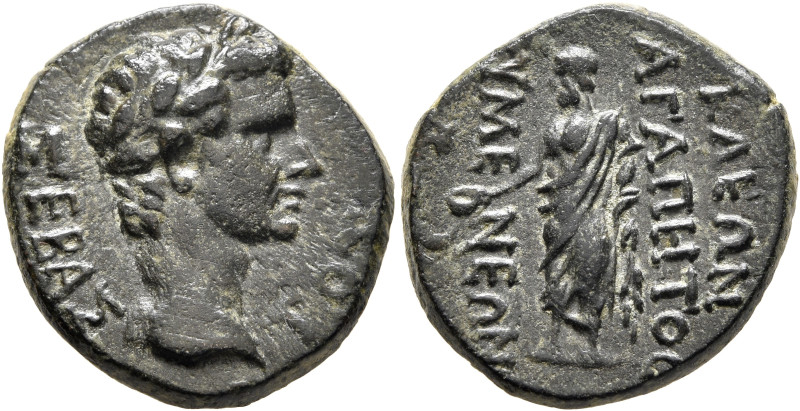 PHRYGIA. Eumeneia. Tiberius, 14-37. Assarion (Bronze, 19 mm, 5.76 g, 11 h), Kleo...