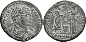 PHRYGIA. Laodicea ad Lycum. Caracalla, 198-217. Tetrassarion (Bronze, 32 mm, 17.51 g, 6 h), Homonoia with Smyrna, CY 88 = 215/6. AYT K M AYP ANTΩNЄINO...