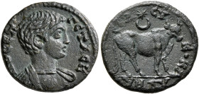 CILICIA. Seleucia ad Calycadnum. Geta, as Caesar, 198-209. Hemiassarion (Bronze, 17 mm, 2.39 g, 6 h). ΠΟ CЄΠ ΓЄTAC K Bare-headed and cuirassed bust of...