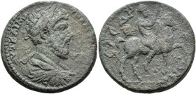 CILICIA. Syedra. Marcus Aurelius, 161-180. Tetrassarion (Bronze, 29 mm, 18.28 g, 6 h). ΑYΤ ΚΑΙ Μ ΑYΡ ΑΝΤΩΝΙΝΟС Laureate, draped and cuirassed bust of ...