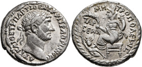 CILICIA. Tarsus. Hadrian, 117-138. Tridrachm (Silver, 26 mm, 10.28 g, 12 h). ΑΥΤ ΚΑΙ ΘΕ ΤΡ ΠΑΡ ΥΙ ΘΕ ΝΕΡ ΥΙ ΤΡ ΑΔΡΙΑΝΟϹ ϹE Laureate head of Hadrian to...
