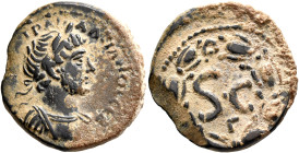 SYRIA, Seleucis and Pieria. Antioch. Hadrian, 117-138. 'Semis' (Bronze, 21 mm, 6.11 g, 6 h). [ΑΥΤΟΚΡ ΚΑΙϹ] ΤΡΑΙ ΑΔΡΙΑΝΟϹ ϹЄΒ Laureate and cuirassed bu...