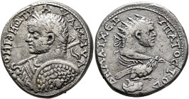 PHOENICIA. Aradus. Caracalla, 198-217. Tetradrachm (Billon, 27 mm, 11.76 g, 11 h), 215-217. AY K M AY ANTONЄINOC Laureate and cuirassed bust of Caraca...