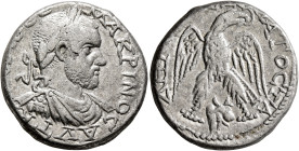 PHOENICIA. Aradus. Macrinus, 217-218. Tetradrachm (Billon, 26 mm, 12.22 g, 12 h). AYT K[ΑΙ•M•Ο•CЄ] MAKPINOC C Laureate and draped bust of Macrinus to ...