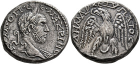 PHOENICIA. Aradus. Macrinus, 217-218. Tetradrachm (Billon, 25 mm, 13.46 g, 7 h). [•A]•K•M•ΟΠ•CЄ•MAKPINOC Laureate head of Macrinus to right, with slig...