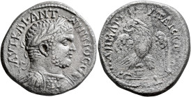 PHOENICIA. Byblus. Caracalla, 198-217. Tetradrachm (Billon, 26 mm, 12.92 g, 11 h), 215-217. AYT•KAI•ANTⲰNINOC•CЄ• Laureate and cuirassed bust of Carac...