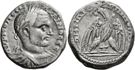 PHOENICIA. Byblus. Macrinus, 217-218. Tetradrachm (Billon, 28 mm, 16.47 g, 12 h). ΑΥ Κ Μ ΟΠ CЄ ΜΑΚΡΙΝΟC CЄ Laureate and cuirassed bust of Macrinus to ...