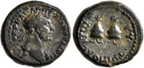 PHOENICIA. Tripolis. Hadrian, 117-138. Assarion (Bronze, 16 mm, 4.15 g, 1 h), CY 428 = 117. ΑΥΤΟΚΡ ΚΑΙϹΑΡ ΤΡΑΙΑΝΟϹ ΑΔΡΙΑΝΟϹ Laureate head of Hadrian t...