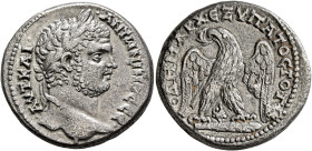 PHOENICIA. Tyre. Caracalla, 198-217. Tetradrachm (Billon, 27 mm, 13.69 g, 12 h), 208-211. ΑΥΤ ΚΑΙ••ΑΝΤⲰΝΙΝΟC CЄ• Laureate head of Caracalla to right. ...