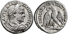 PHOENICIA. Tyre. Caracalla, 198-217. Tetradrachm (Billon, 26 mm, 13.70 g, 11 h), 'Transitional style', 213-217. ΑΥΤ ΚΑΙ ΑΝΤⲰΝΙΝΟC CЄ Laureate, draped ...