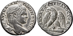 PHOENICIA. Tyre. Caracalla, 198-217. Tetradrachm (Billon, 25 mm, 12.75 g, 11 h), 213-217. ΑΥΤ ΚΑΙ ΑΝΤⲰΝΙΝΟC CЄ Laureate head of Caracalla to right. Re...