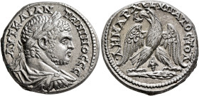 PHOENICIA. Tyre. Caracalla, 198-217. Tetradrachm (Billon, 26 mm, 13.38 g, 12 h), 213-217. ΑΥΤ ΚΑΙ ΑΝΤⲰΝΙΝΟC CЄ Laureate, draped and cuirassed bust of ...