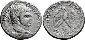 JUDAEA. Aelia Capitolina (Jerusalem). Caracalla, 198-217. Tetradrachm (Billon, 26 mm, 13.77 g, 12 h), 215-217. ΑΥΤ ΚΑΙ ΑΝΤⲰΝΙΝΟC CЄ Laureate, draped a...