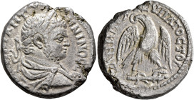 JUDAEA. Caesaraea Maritima. Caracalla, 198-217. Tetradrachm (Billon, 26 mm, 13.67 g, 1 h), 215-217. AVT KAI ANTΩNINOC CЄB Laureate, draped and cuirass...