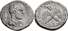 JUDAEA. Caesaraea Maritima. Macrinus, 217-218. Tetradrachm (Billon, 26 mm, 13.79 g, 7 h). ΑΥΤ ΚΑΙ Μ ΟΠ CЄΟ ΜΑΚΡΙΝΟC Laureate, draped and cuirassed bus...