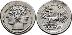 Anonymous, circa 225-214 BC. Quadrigatus - Didrachm (Silver, 23 mm, 6.58 g, 1 h), Rome. Laureate head of Janus. Rev. ROMA (incuse on raised tablet) Ju...