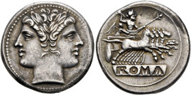 Anonymous, circa 225-214 BC. Quadrigatus - Didrachm (Silver, 23 mm, 6.74 g, 6 h), uncertain mint. Laureate head of Janus. Rev. ROMA (incuse on raised ...