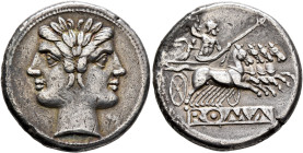 Anonymous, circa 225-214 BC. Quadrigatus - Didrachm (Silver, 21 mm, 6.62 g, 6 h), uncertain mint. Laureate head of Janus. Rev. ROMA (incuse on raised ...